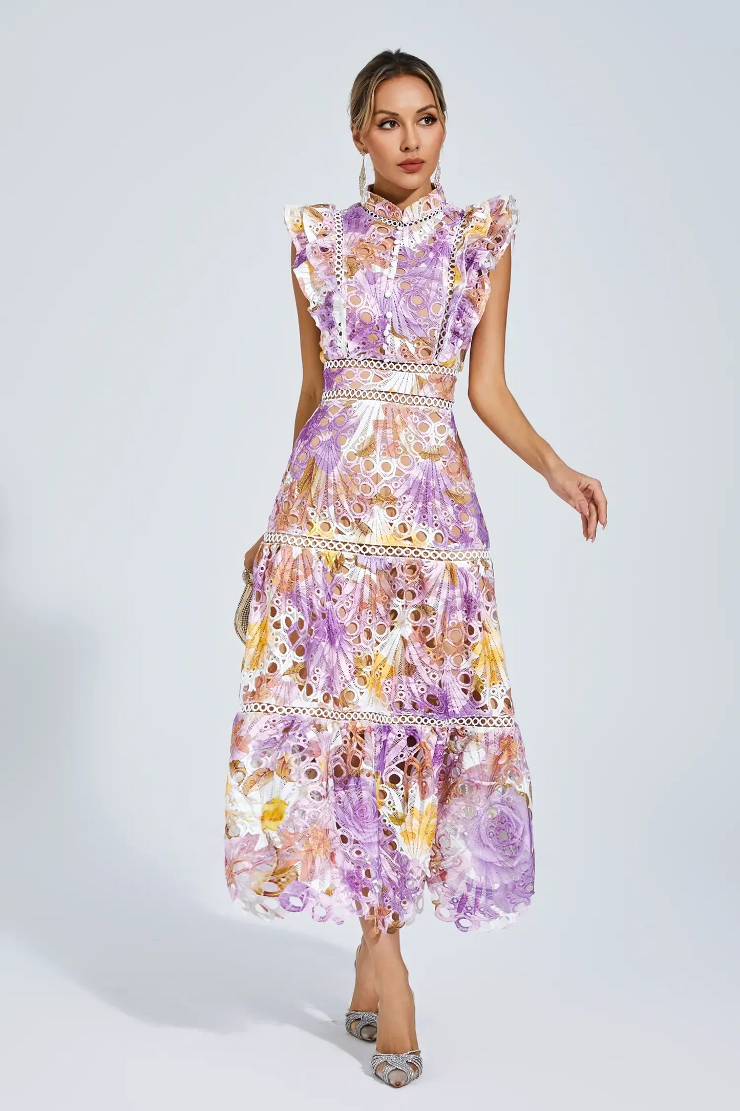 Paula - Sleeveless midi dress with eyelet/broderie anglaise/cutwork detailing