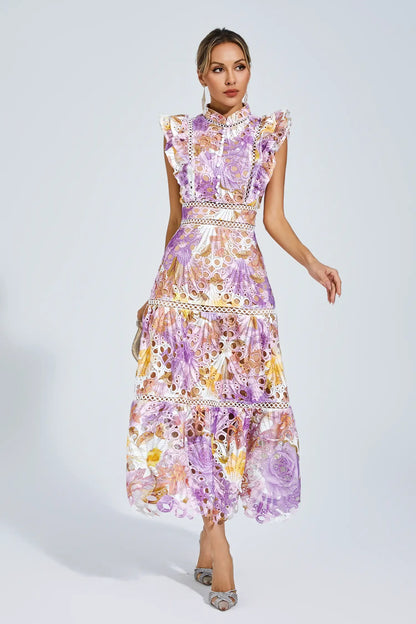 Paula - Sleeveless midi dress with eyelet/broderie anglaise/cutwork detailing
