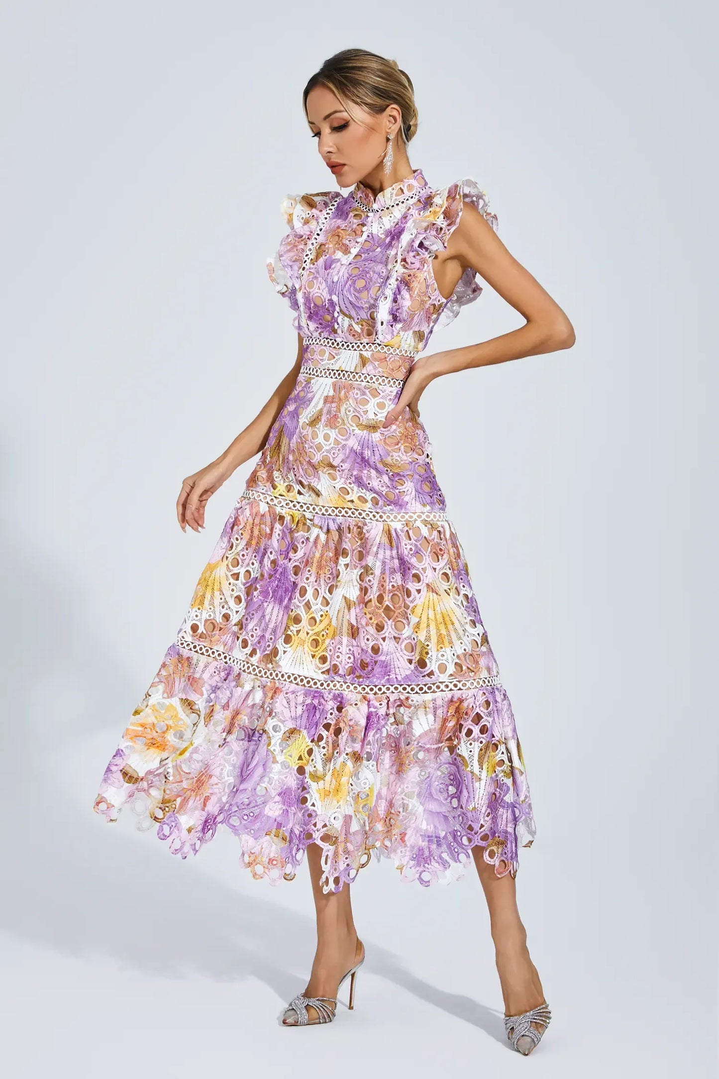 Paula - Sleeveless midi dress with eyelet/broderie anglaise/cutwork detailing