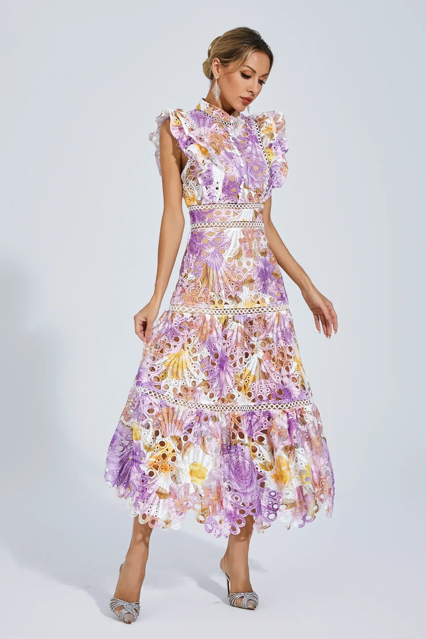 Paula - Sleeveless midi dress with eyelet/broderie anglaise/cutwork detailing