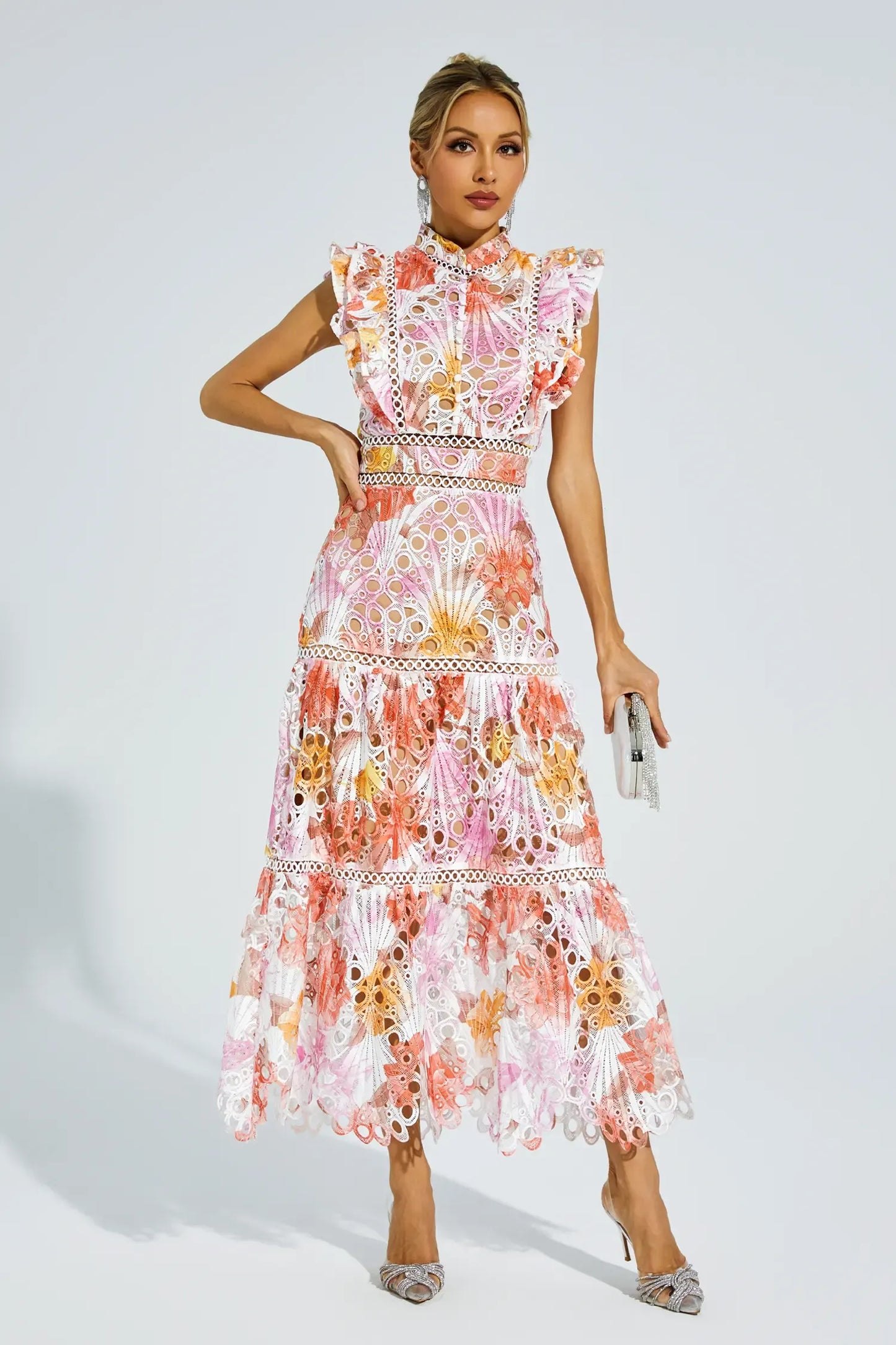 Paula - Sleeveless midi dress with eyelet/broderie anglaise/cutwork detailing
