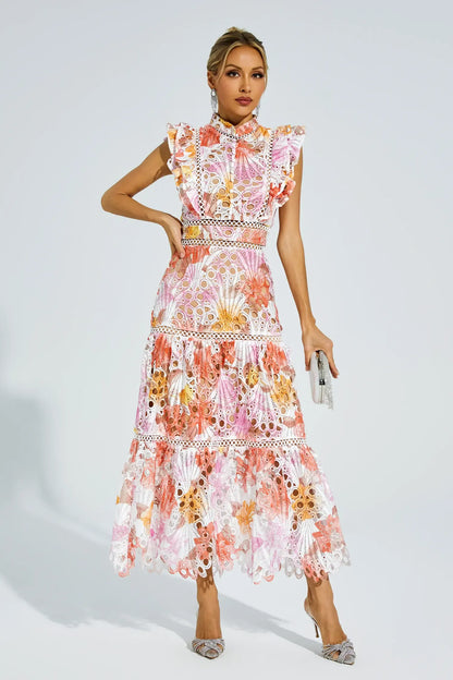 Paula - Sleeveless midi dress with eyelet/broderie anglaise/cutwork detailing