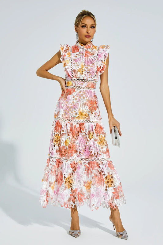 Paula - Sleeveless midi dress with eyelet/broderie anglaise/cutwork detailing