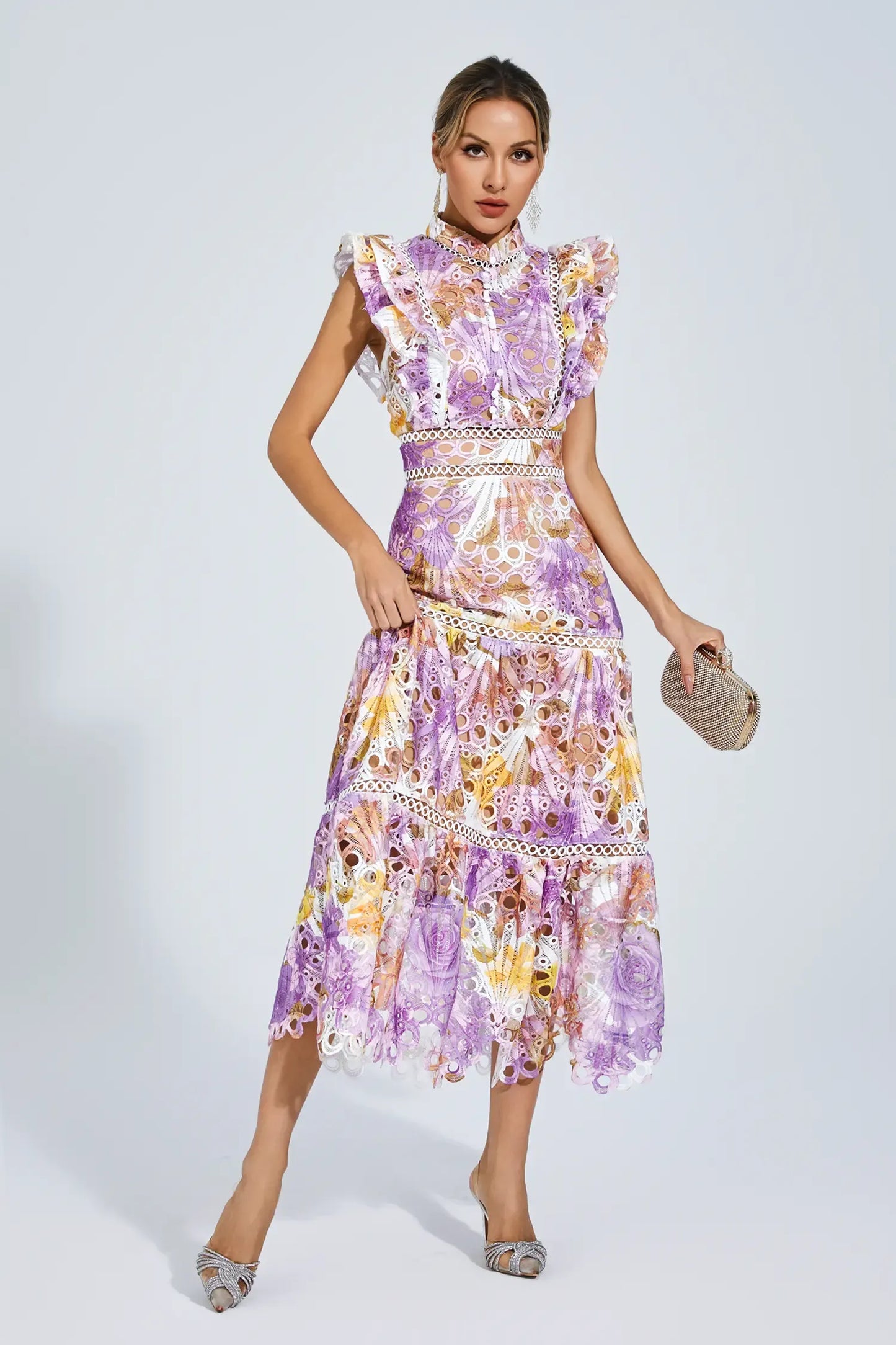 Paula - Sleeveless midi dress with eyelet/broderie anglaise/cutwork detailing